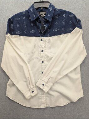Rough Rider Shirt Mens Large White Denim Western Colorblock Long Sleeve USA
